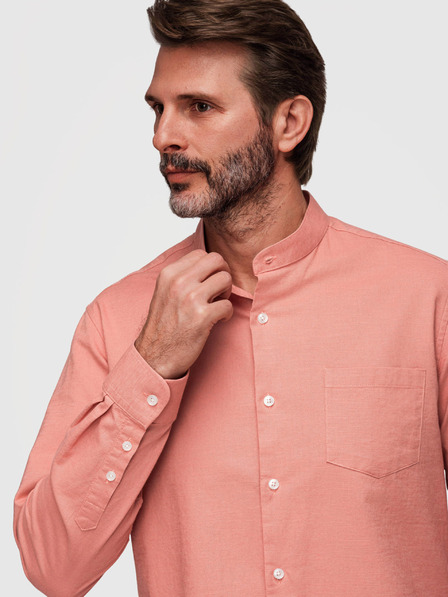 Ombre Clothing Cămașă bărbătească din in cu guler ridicat și buzunar REGULAR FIT - piersică V1 K704 Ombre Clothing