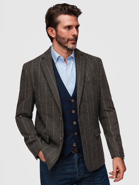Ombre Clothing Sacou elegant pentru bărbați cu carouri fine din amestec de lână - maro închis V3 M166 Ombre Clothing