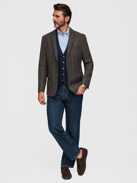 Ombre Clothing Sacou elegant pentru bărbați cu carouri fine din amestec de lână - maro închis V3 M166 Ombre Clothing
