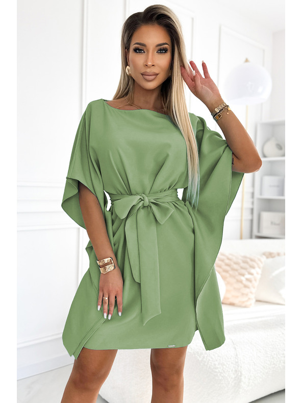 numoco SOFIA Rochie fluture cu legare în talie - măsliniu