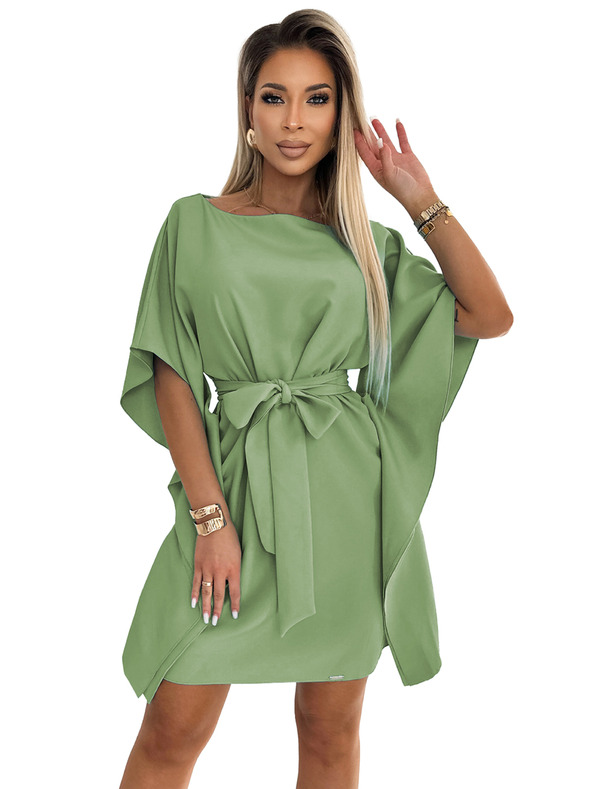 numoco SOFIA Rochie fluture cu legare în talie - măsliniu