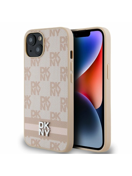 DKNY Husă spate din piele PU cu model în carouri și dungi pentru iPhone 13 roz DKNY