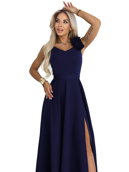 numoco Rochie maxi elegantă de seară cu spăritură și trandafiri - albastru marin