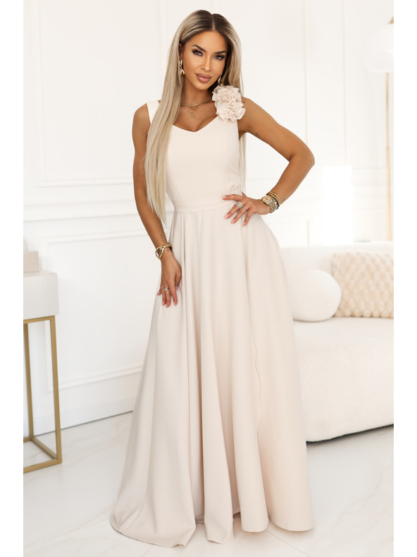 numoco Rochie maxi elegantă de seară cu crac și flori - bej