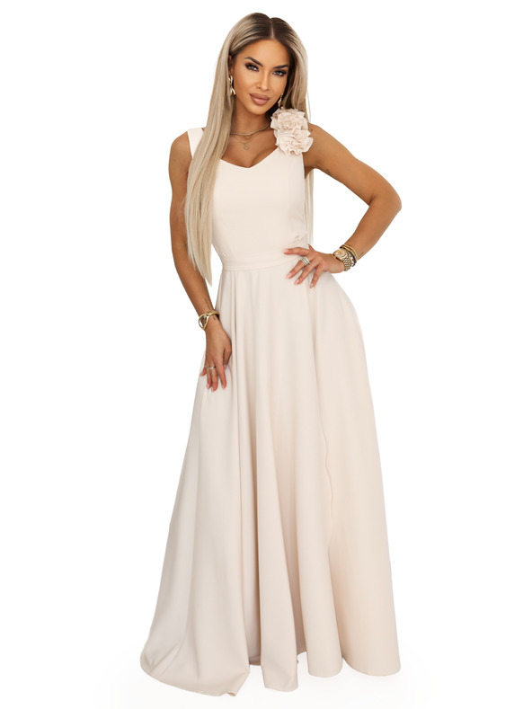 numoco Rochie maxi elegantă de seară cu crac și flori - bej