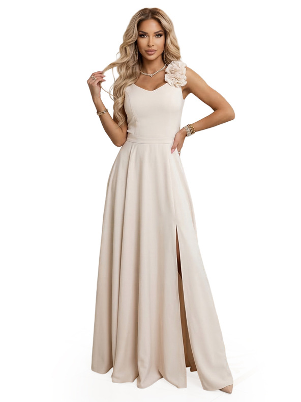 numoco Rochie maxi elegantă de seară cu crac și flori - bej