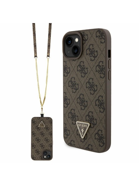 Guess Guess PU 4G Strass Triangle Metal Logo Carcasă Spate + Curea Crossbody pentru iPhone 15 Plus Brown