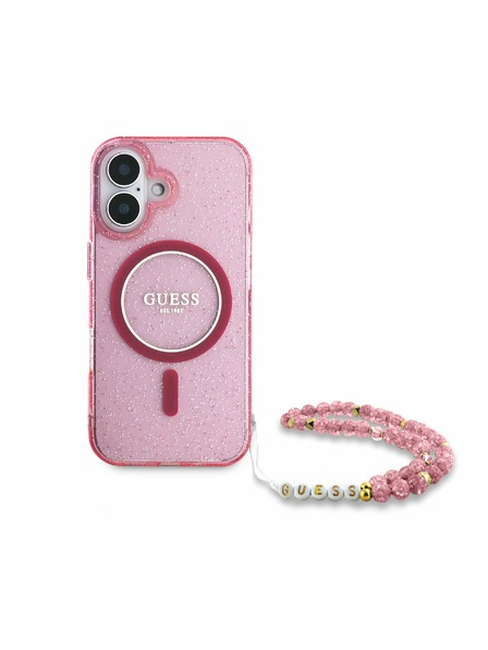 Guess Guess IML Glitter Strap MagSafe Carcasă Spate pentru iPhone 16 Plus Pink