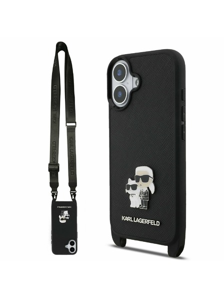 Karl Lagerfeld Karl Lagerfeld Saffiano Crossbody Curea Metal Karl and Choupette Carcasă Spate pentru iPhone 17 Black