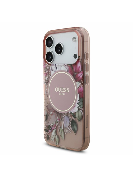 Guess Guess IML Flowers Strap MagSafe Carcasă Spate pentru iPhone 17 Pro Roz