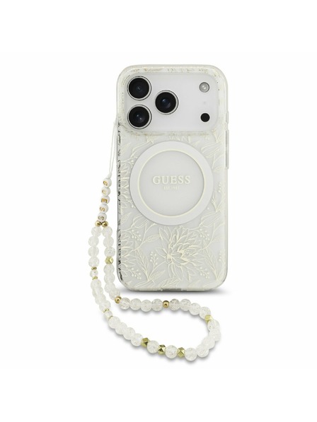 Guess Guess IML Flowers Allover Strap MagSafe Carcasă Spate pentru iPhone 17 Pro Alb