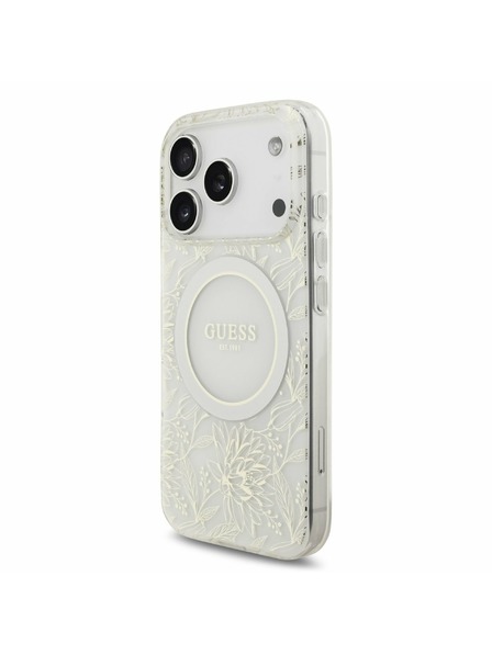 Guess Guess IML Flowers Allover Strap MagSafe Carcasă Spate pentru iPhone 17 Pro Alb