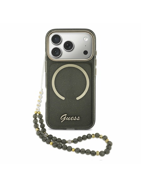 Guess Guess IML Glitter Script Strap MagSafe Carcasă Spate pentru iPhone 17 Pro Negru