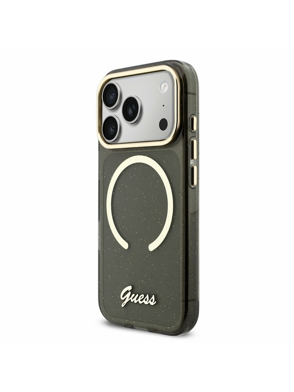 Guess Guess IML Glitter Script Strap MagSafe Carcasă Spate pentru iPhone 17 Pro Negru