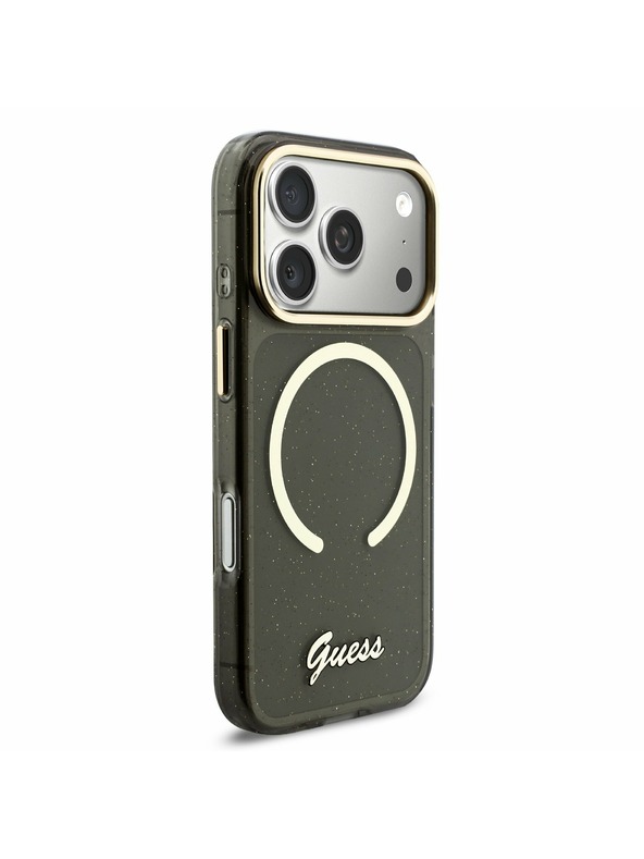 Guess Guess IML Glitter Script Strap MagSafe Carcasă Spate pentru iPhone 17 Pro Negru