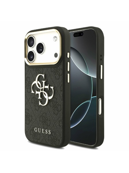 Guess Guess PU Piele 4G Metal Logo Gold Frame Carcasă Spate pentru iPhone 17 Pro Black