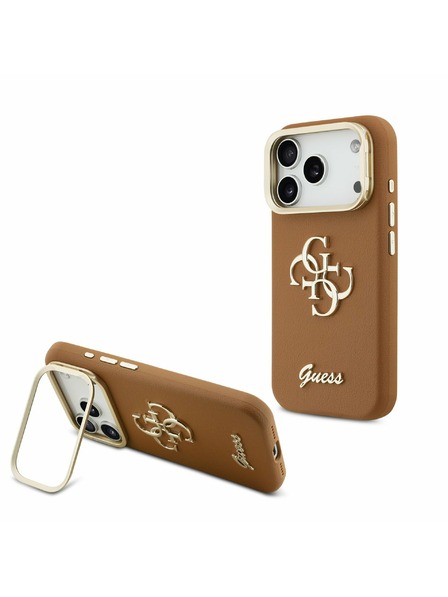 Guess Guess PU Grained 4G Logo Stand Camera Frame Carcasă Spate pentru iPhone 17 Pro Brown