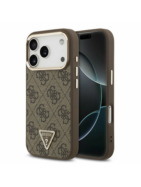Guess Guess PU Piele 4G Strass Triangle Logo Gold Frame MagSafe Carcasă Spate pentru iPhone 17 Pro Brown