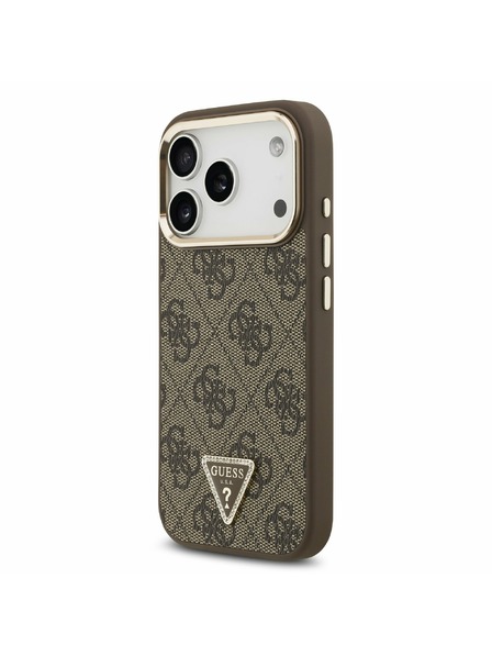 Guess Guess PU Piele 4G Strass Triangle Logo Gold Frame MagSafe Carcasă Spate pentru iPhone 17 Pro Brown