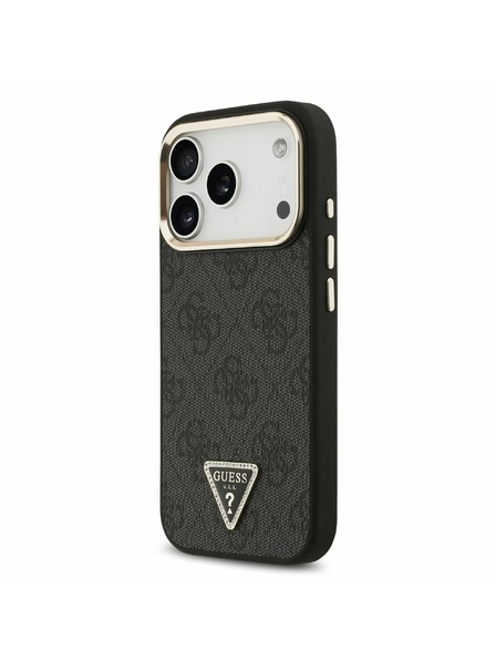 Guess Guess PU Piele 4G Strass Triangle Logo Gold Frame MagSafe Carcasă Spate pentru iPhone 17 Pro Black