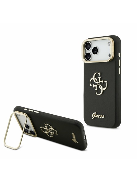 Guess Guess PU Grained 4G Logo Stand Camera Frame Carcasă Spate pentru iPhone 17 Pro Max Negru