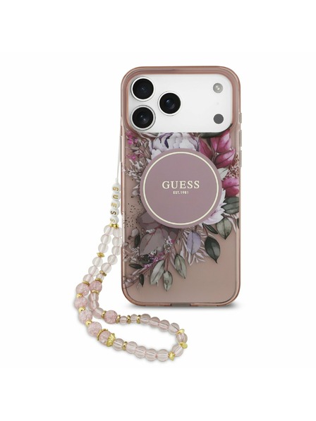 Guess Guess IML Flowers Strap MagSafe Carcasă Spate pentru iPhone 17 Pro Max Roz