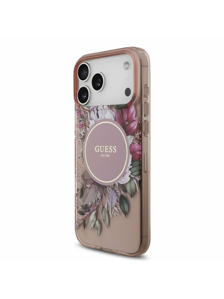 Guess Guess IML Flowers Strap MagSafe Carcasă Spate pentru iPhone 17 Pro Max Roz