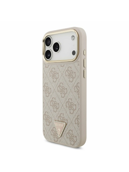 Guess Guess PU Leather 4G Strass Triangle Logo Gold Frame MagSafe Carcasă Spate pentru iPhone 17 Pro Max Roz