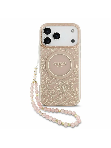 Guess Guess IML Flowers Allover Strap MagSafe Carcasă Spate pentru iPhone 17 Pro Max Roz