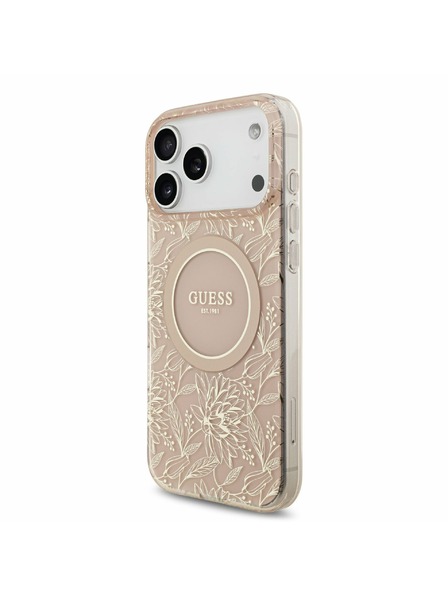 Guess Guess IML Flowers Allover Strap MagSafe Carcasă Spate pentru iPhone 17 Pro Max Roz