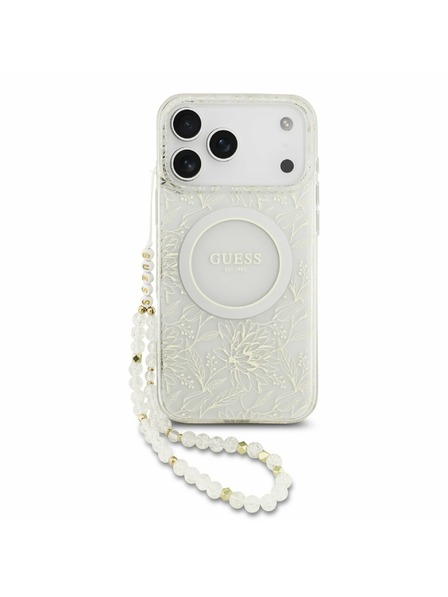 Guess Guess IML Flowers Allover Strap MagSafe Carcasă Spate pentru iPhone 17 Pro Max Alb