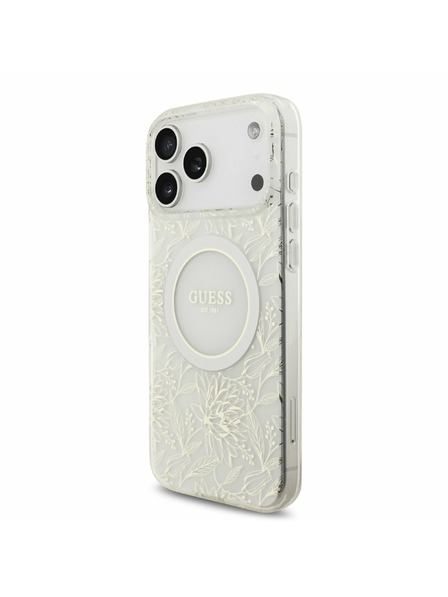 Guess Guess IML Flowers Allover Strap MagSafe Carcasă Spate pentru iPhone 17 Pro Max Alb