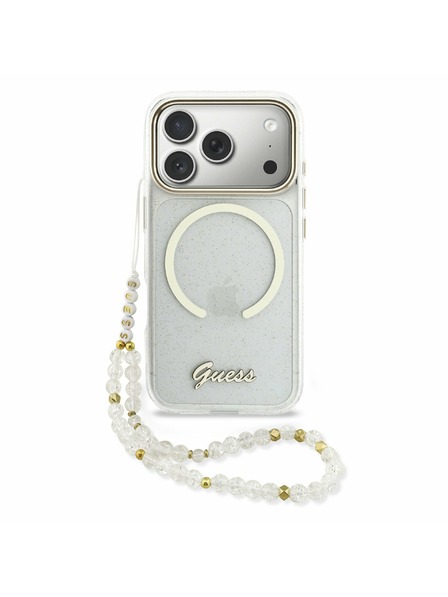 Guess Guess IML Glitter Script Strap MagSafe Carcasă Spate pentru iPhone 17 Pro Max Transparent