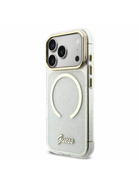 Guess Guess IML Glitter Script Strap MagSafe Carcasă Spate pentru iPhone 17 Pro Max Transparent