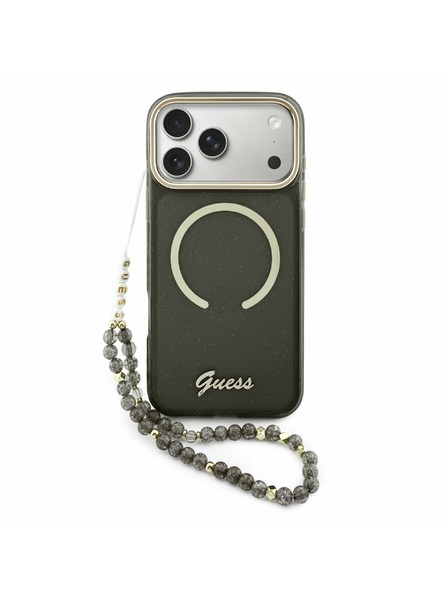 Guess Guess IML Glitter Script Strap MagSafe Carcasă Spate pentru iPhone 17 Pro Max Negru