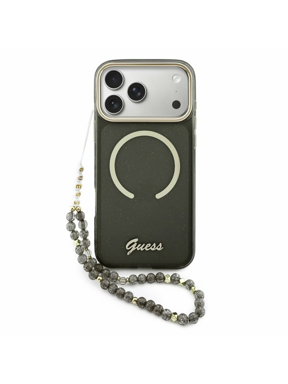 Guess Guess IML Glitter Script Strap MagSafe Carcasă Spate pentru iPhone 17 Pro Max Negru