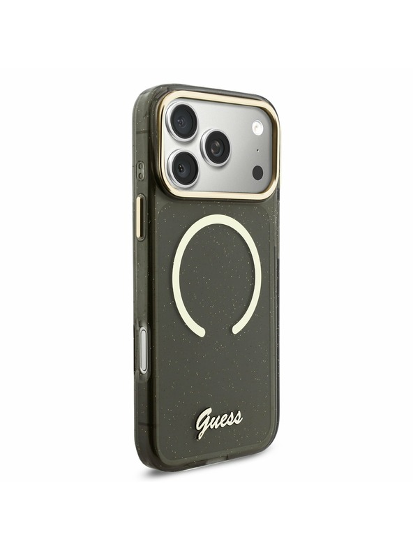 Guess Guess IML Glitter Script Strap MagSafe Carcasă Spate pentru iPhone 17 Pro Max Negru