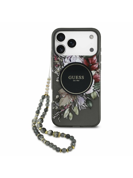 Guess Guess Husă Spate IML Flowers Strap MagSafe pentru iPhone 17 Pro Max Black