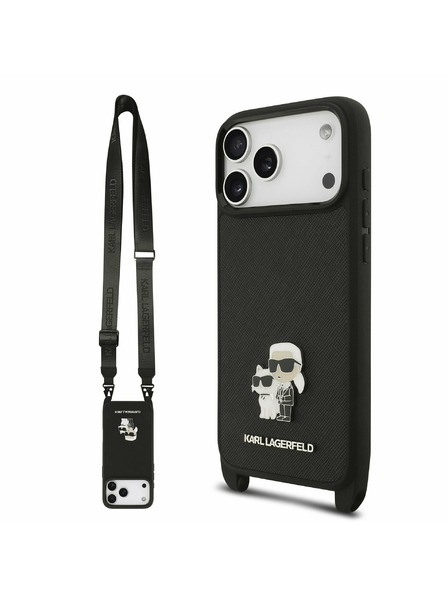 Karl Lagerfeld Karl Lagerfeld Husă Spate Saffiano Crossbody Curea Metal Karl and Choupette pentru iPhone 17 Pro Max Black