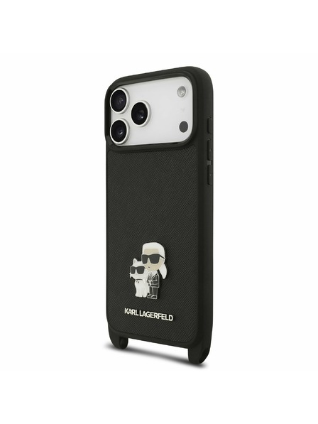 Karl Lagerfeld Karl Lagerfeld Husă Spate Saffiano Crossbody Curea Metal Karl and Choupette pentru iPhone 17 Pro Max Black
