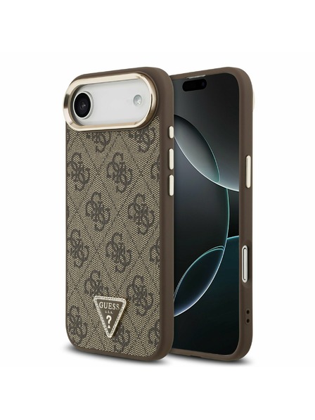 Guess Guess PU Piele 4G Strass Triangle Logo Cadru Auriu MagSafe Carcasă Spate pentru iPhone Air Maro