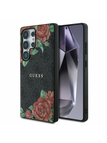 Guess Guess PU Piele 4G Flori Imprimeu Metal Classic Logo MagSafe Carcasă Spate pentru Samsung Galaxy S25 Ultra Black