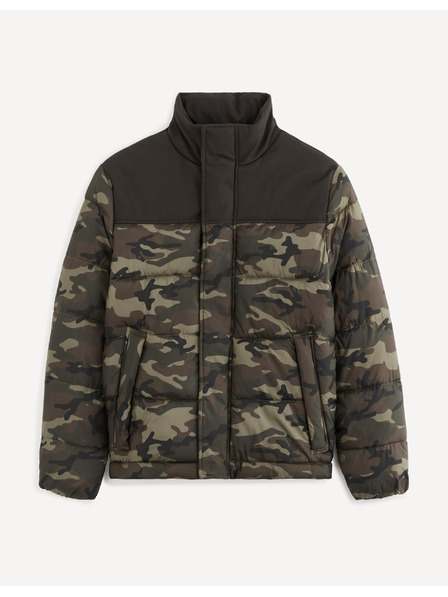 Celio Jachetă de iarnă matlasată cu camuflaj negru și verde pentru bărbați Celio Vuelectron