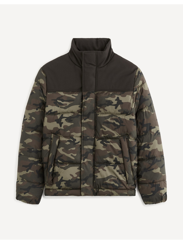 Celio Jachetă de iarnă matlasată cu camuflaj negru și verde pentru bărbați Celio Vuelectron