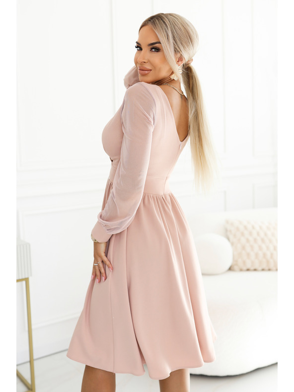 numoco Rochie midi cu talie înfășurată și mâneci din tul - bej