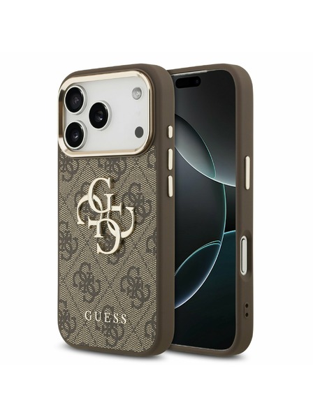 Guess Guess PU Leather 4G Metal Logo Gold Frame Carcasă Spate pentru iPhone 17 Pro Brown