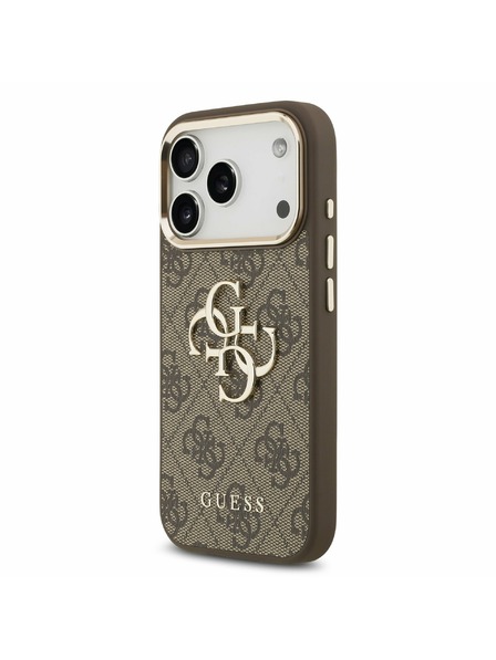Guess Guess PU Leather 4G Metal Logo Gold Frame Carcasă Spate pentru iPhone 17 Pro Brown