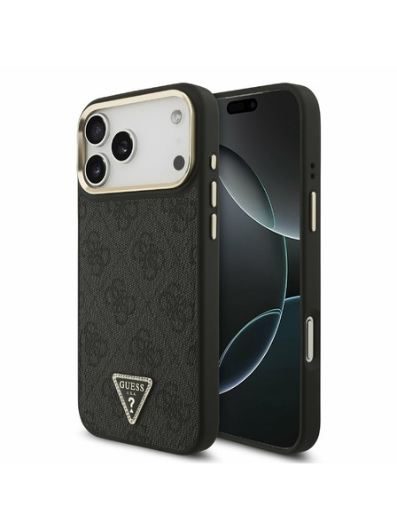 Guess Guess PU Leather 4G Strass Triangle Logo Gold Frame MagSafe Carcasă Spate pentru iPhone 17 Pro Max Black