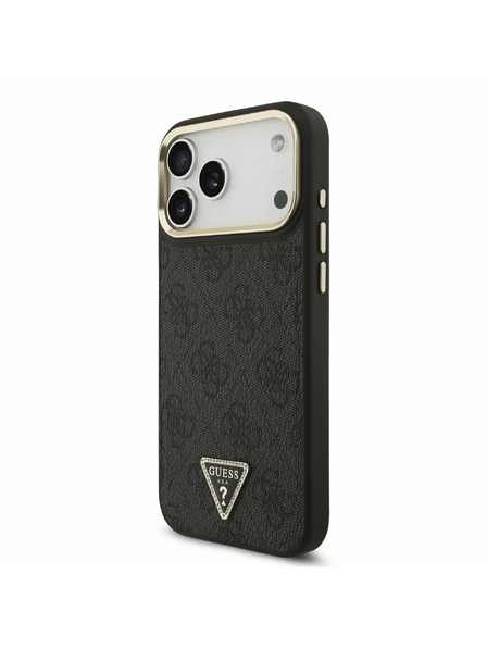 Guess Guess PU Leather 4G Strass Triangle Logo Gold Frame MagSafe Carcasă Spate pentru iPhone 17 Pro Max Black