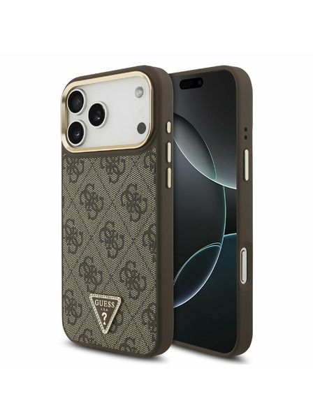 Guess Guess PU Leather 4G Strass Triangle Logo Gold Frame MagSafe Carcasă Spate pentru iPhone 17 Pro Max Brown